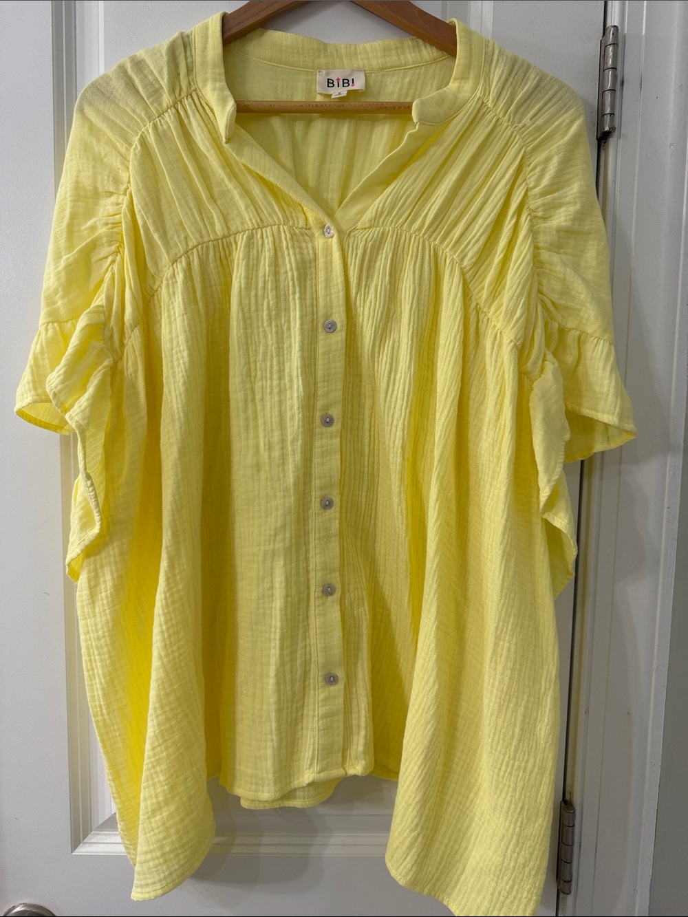BiBi Pale Yellow Button-Front Ruffle Sleeve Blouse